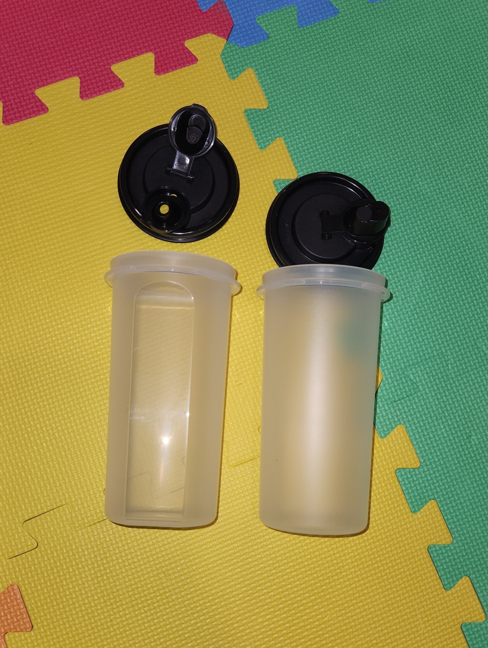 2 NEW Tupperware Translucent Cups with Black Flip Lids, 22 Ounces